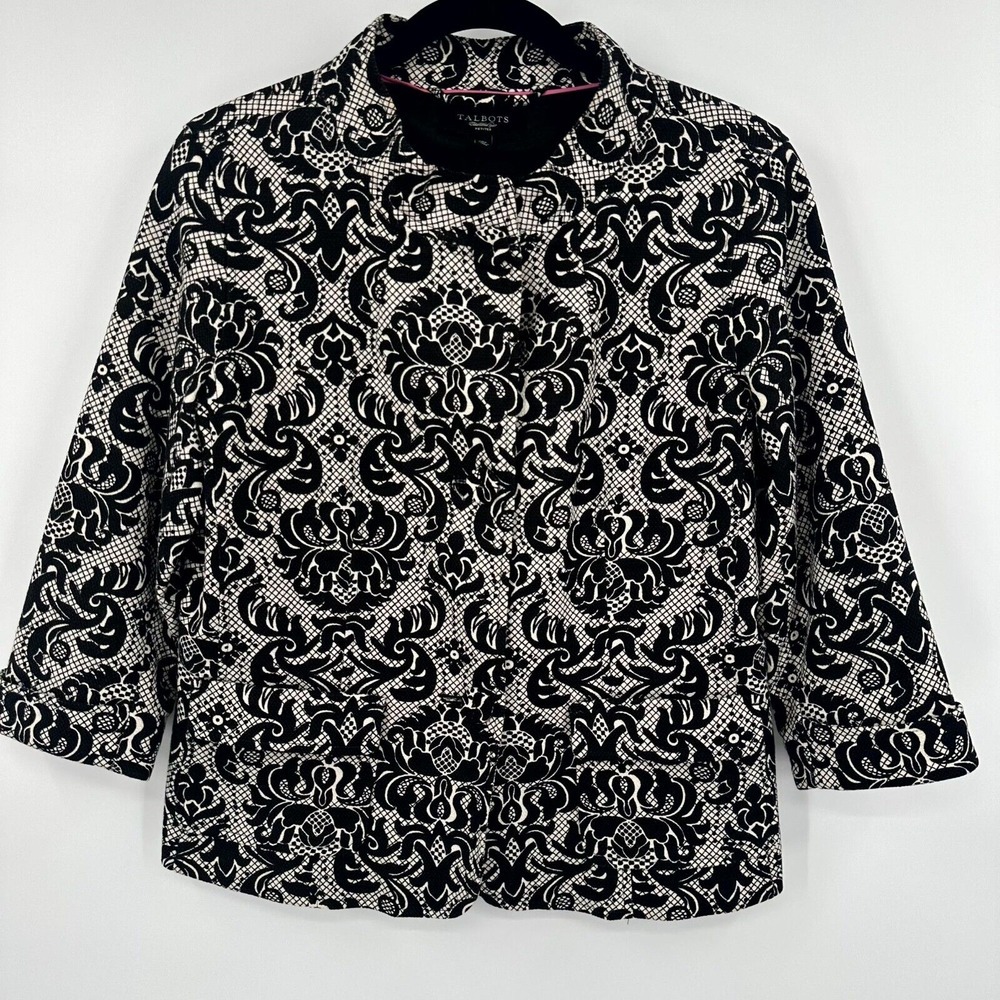 Talbots Blazer Jacket Women 10P Black White Damask Print 3/4 Sleeve Button Front